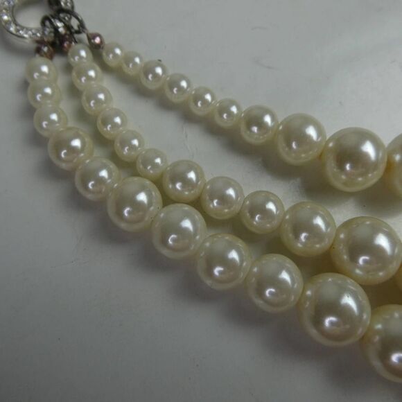 Triple Multi Strand Graduated Round Faux Pearl Beaded Rhinestone Bib Necklace - Picture 3 of 9